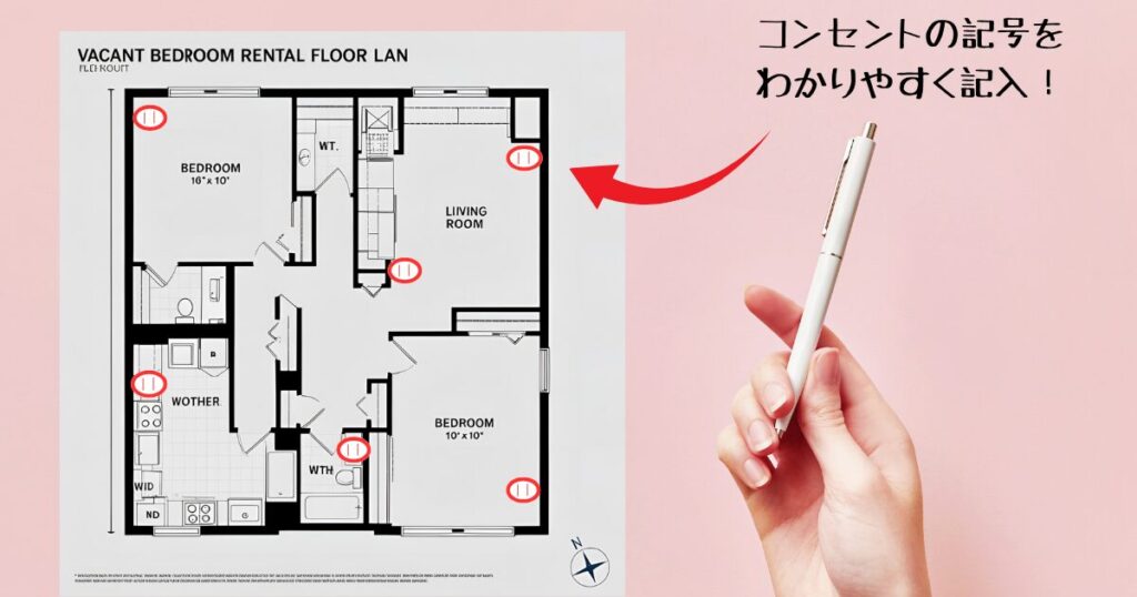 内覧時、間取り図に家具の配置のためコンセント位置を書く