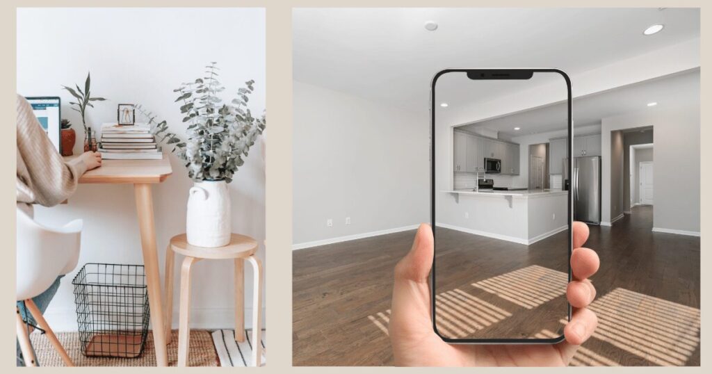 スマートフォンで室内を映してオンライン内見する様子