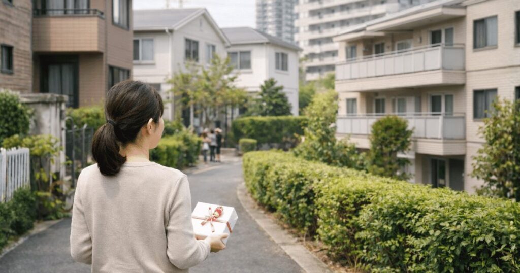 引越し挨拶の手土産を持って、近所へ向かう様子