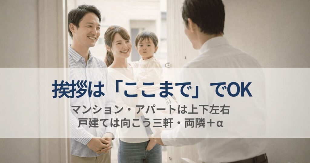 引越し挨拶で隣人にあいさつする家族の様子。マンション・アパートや戸建てでの挨拶範囲を解説する記事のアイキャッチ画像。