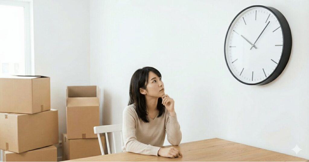 段ボールが積まれた部屋で、壁掛け時計を見つめながら引っ越し挨拶の時間帯に悩む女性