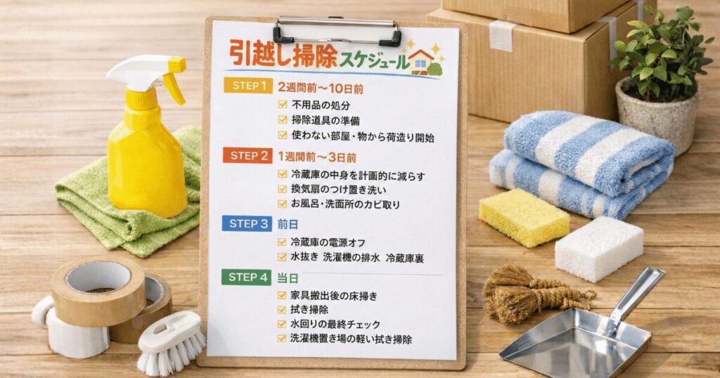 引越し掃除を2週間前から当日まで段階的に進めるスケジュール表と、掃除道具を並べたイメージ