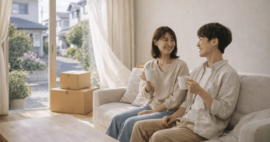 引越し後の部屋で、落ち着いた表情でコーヒーを飲みながら新生活を前向きに過ごす女性