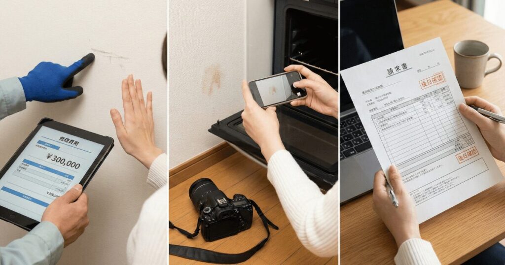 退去立ち会いでその場の請求に同意せず、部屋の状態を写真で記録し、後日書面で請求内容を確認する流れ