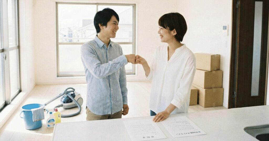 原状回復の合格ラインを理解し、敷金を守るための掃除と確認を終えて、安心して退去する様子