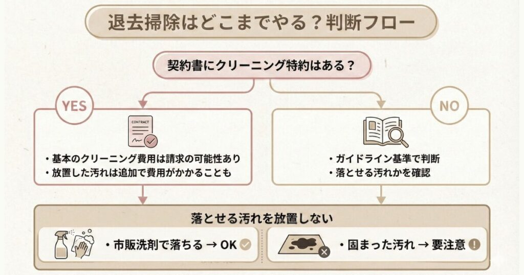 退去掃除はどこまで必要かを示した判断フロー図。まず契約書にクリーニング特約があるかを確認し、ある場合は基本清掃費用が発生する可能性あり、ない場合はガイドライン基準で判断。最終的に「落とせる汚れを放置しない」ことが重要で、市販洗剤で落ちる汚れはOK、固まった汚れは要注意と示している。