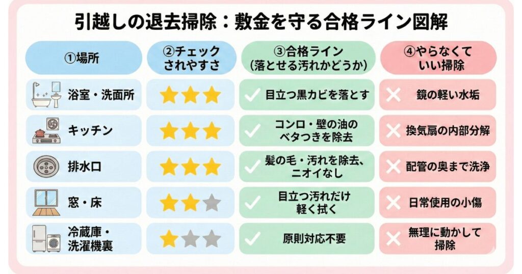 引越しの退去掃除で敷金を守るための合格ラインを、場所別・優先度別にまとめた図解