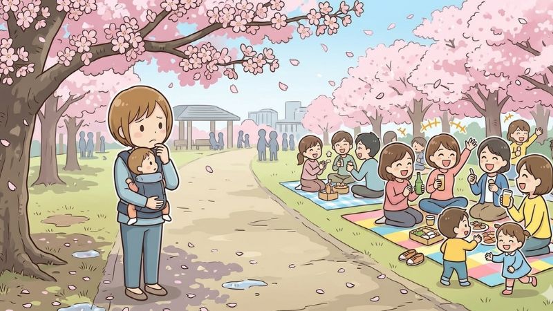 お花見をしているママ友グループをみて寂しさを感じているイメージ画像