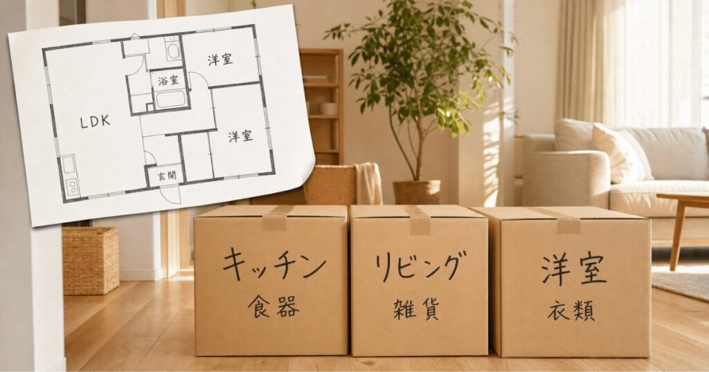 引越し当日、業者さんに渡す段ボール3個。部屋名（キッチン・リビング・洋室）と中身（食器・雑貨・衣類）が手書きで、斜めに配置された2LDK間取り図と一緒に。