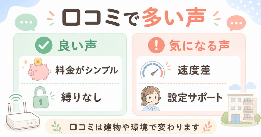 BB.excite光 MECの口コミでは料金のシンプルさや縛りなしを評価する声があり、速度差や設定サポートを気にする声もある