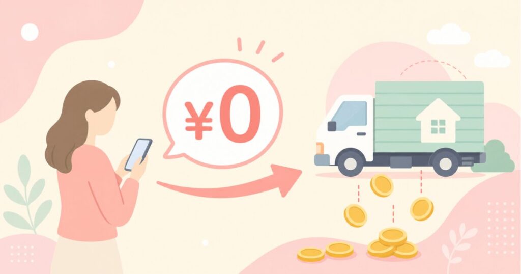 スマホを持つ女性から引越しトラックへ矢印が伸び、無料と紹介料の仕組みを表したイラスト