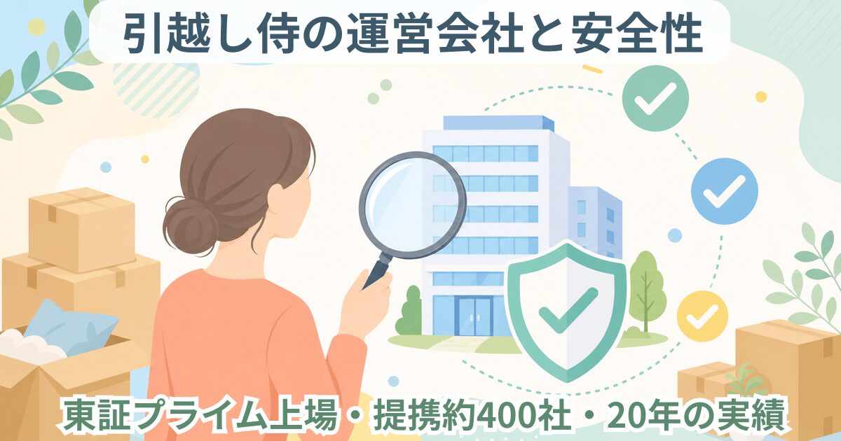 虫眼鏡で会社ビルと盾の安全マークを確認する女性のイラスト