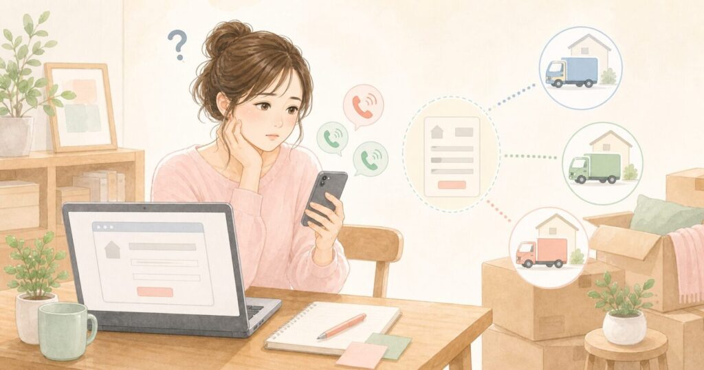 引越し見積もりサービスの仕組みを見ながら、スマホの着信に戸惑う女性のイラスト