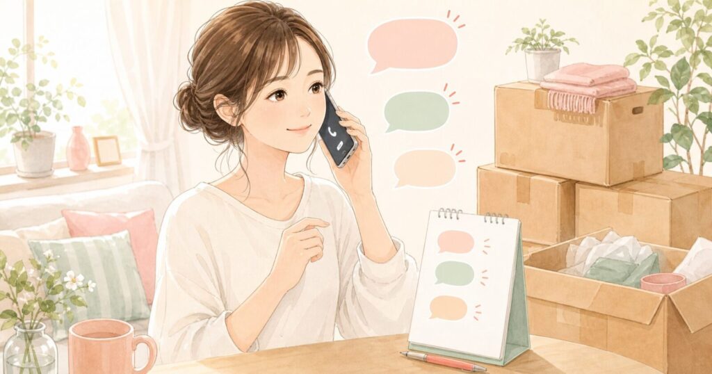 引越し準備中に、メモを見ながら落ち着いて電話対応する女性のイラスト