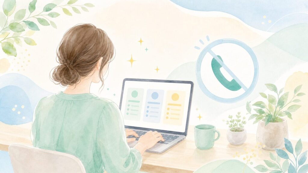 電話ラッシュを防いで引越し見積もりを比較するため、パソコンで手続きする女性のイラスト