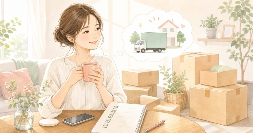 引越し時の電話対応を終えて、チェックリストを前に安心している女性のイラスト