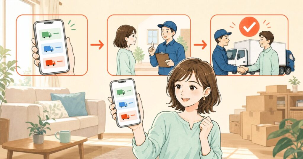 引越し侍の使い方と申し込みの流れをまとめたイラスト