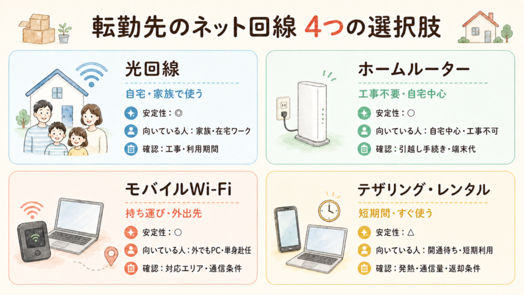 光回線・ホームルーター・モバイルWi-Fi・テザリングの4つを、安定性と向いている人、確認したいことで並べた図