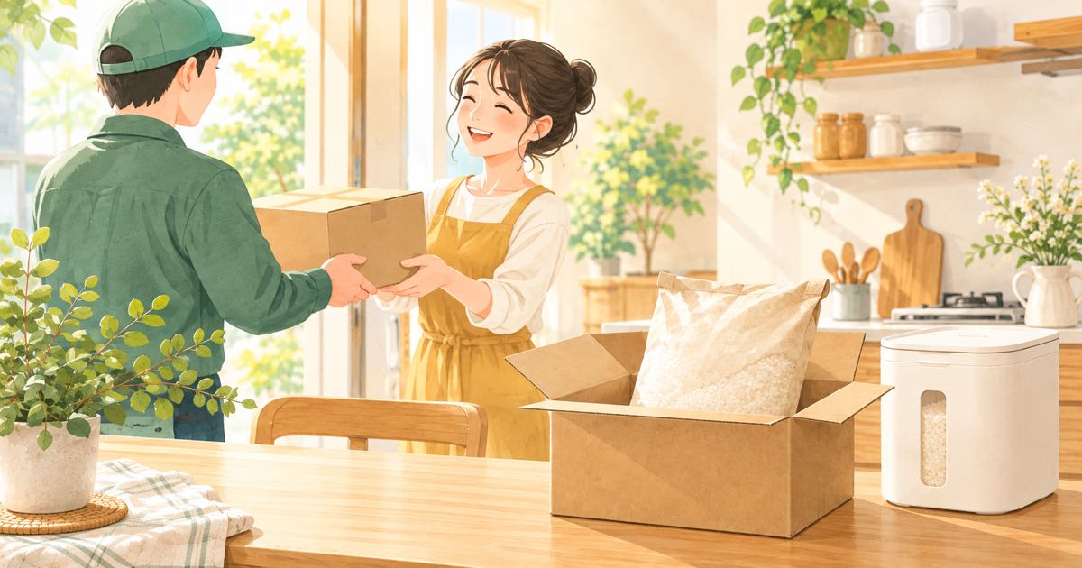 5kgのお米が段ボールで届いたところ（イラスト）