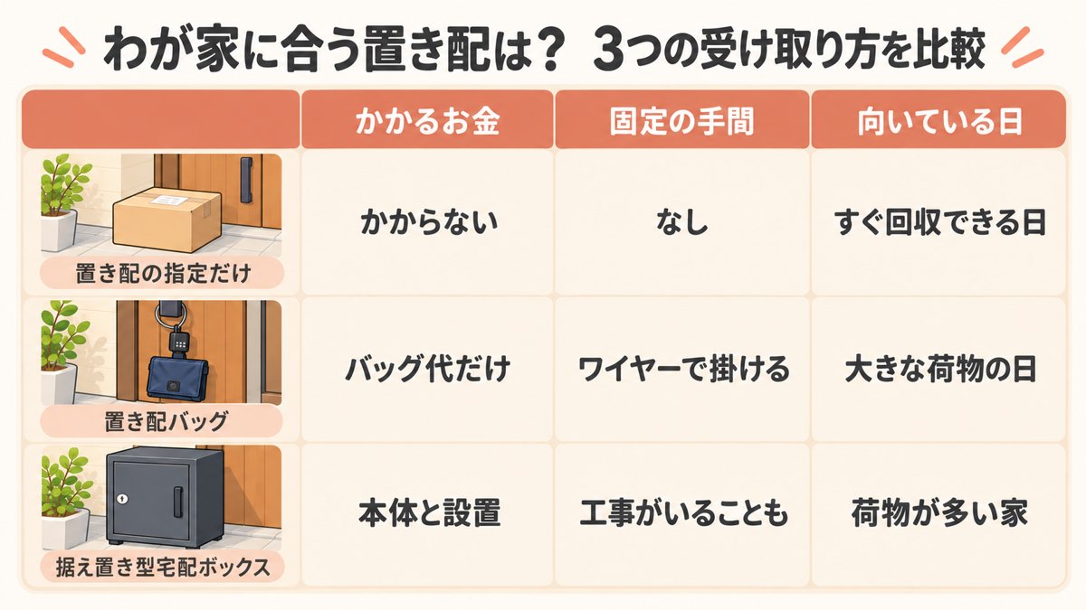 わが家に合う置き配は?3つの受け取り方の比較表:かかるお金・固定の手間・向いている日