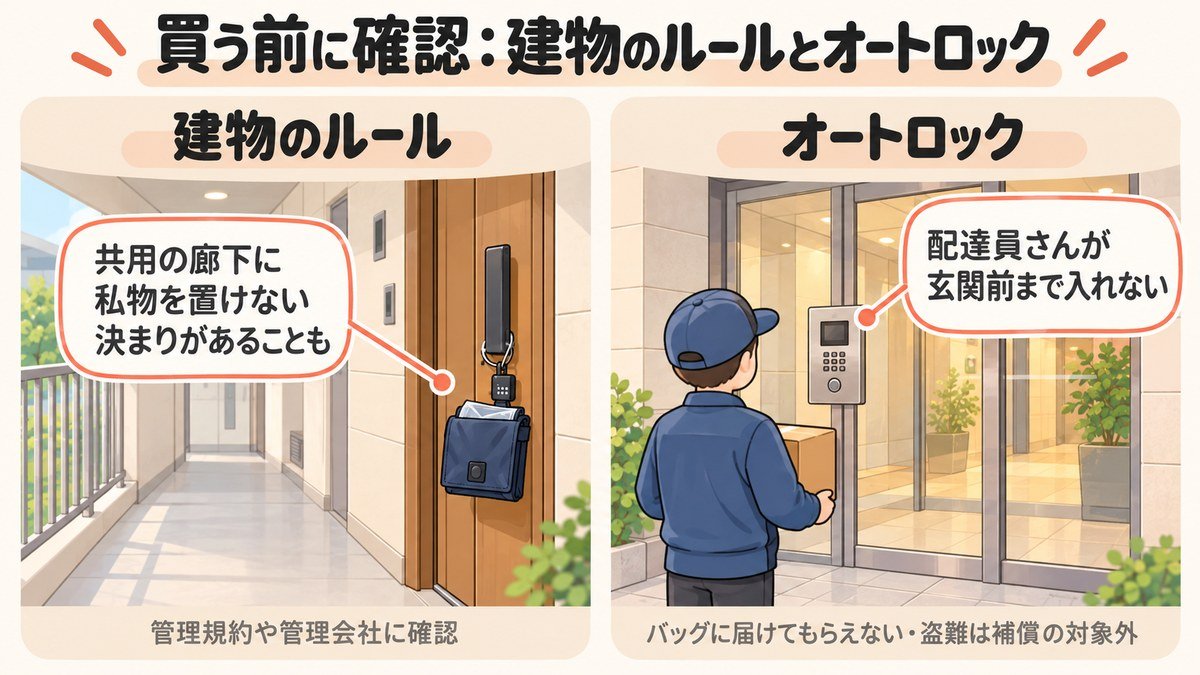買う前に確認:建物のルール(共用の廊下に私物を置けない決まりがあることも)とオートロック(配達員さんが玄関前まで入れない・盗難は補償の対象外)
