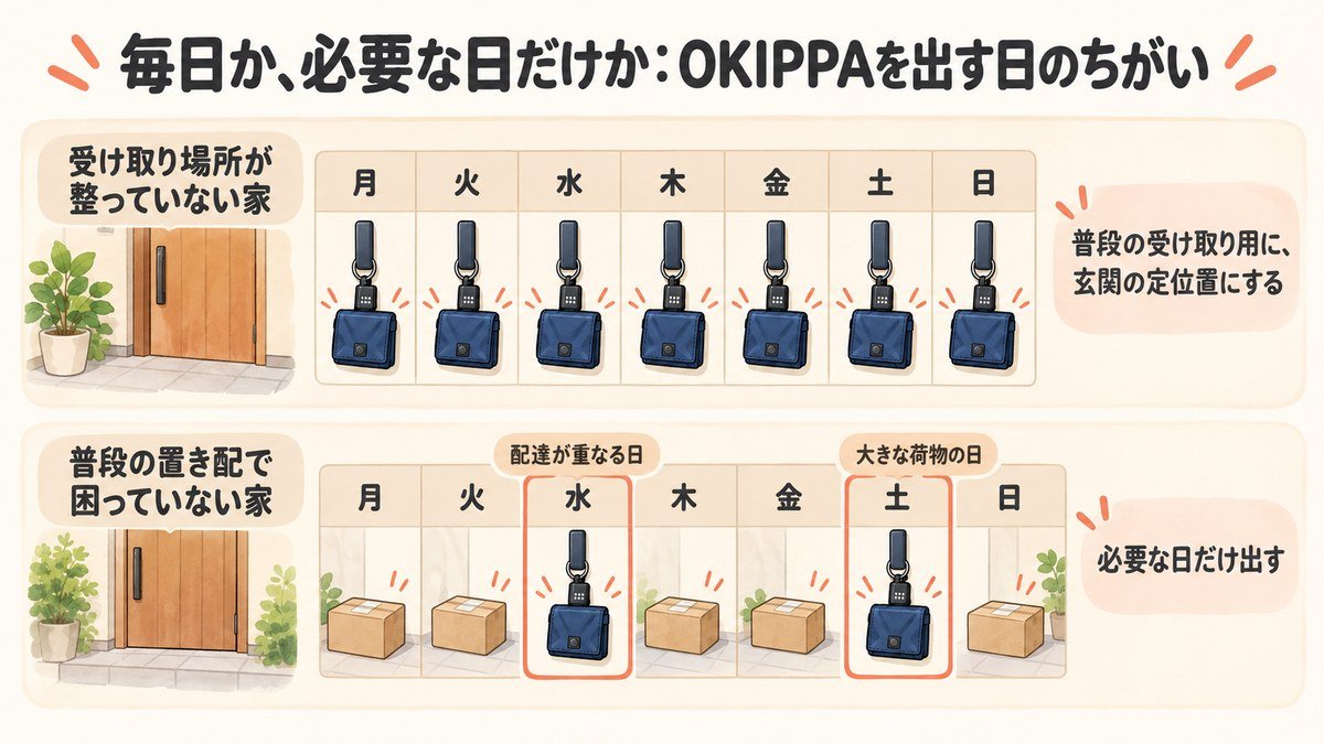 毎日か必要な日だけか:受け取り場所が整っていない家は毎日玄関の定位置に、普段の置き配で困っていない家は配達が重なる日や大きな荷物の日だけ出す
