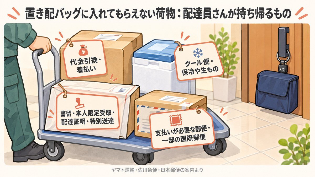 置き配バッグに入れてもらえない荷物:代金引換・着払い、クール便・保冷や生もの、書留・本人限定受取・配達証明・特別送達、支払いが必要な郵便・一部の国際郵便