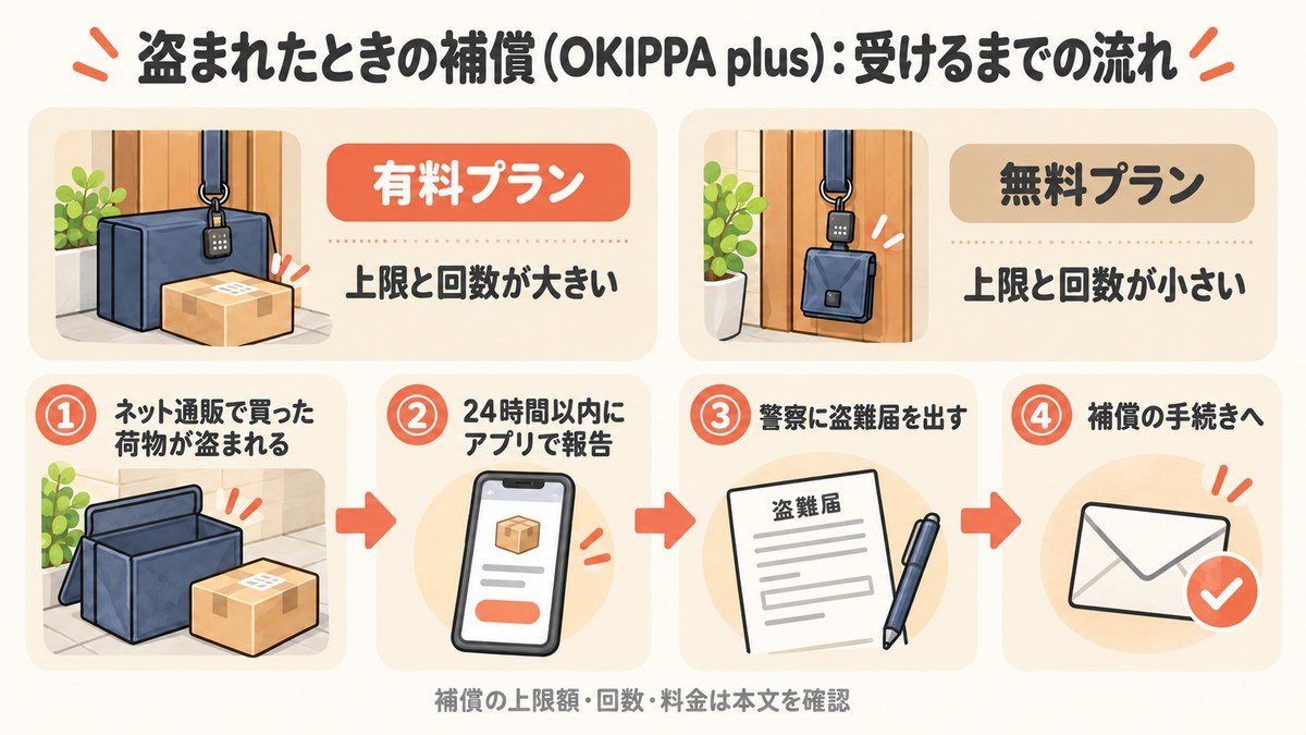 盗まれたときの補償(OKIPPA plus)の流れ:有料プランと無料プランがあり、ネット通販で買った荷物が盗まれたら24時間以内にアプリで報告し、警察に盗難届を出して補償の手続きへ