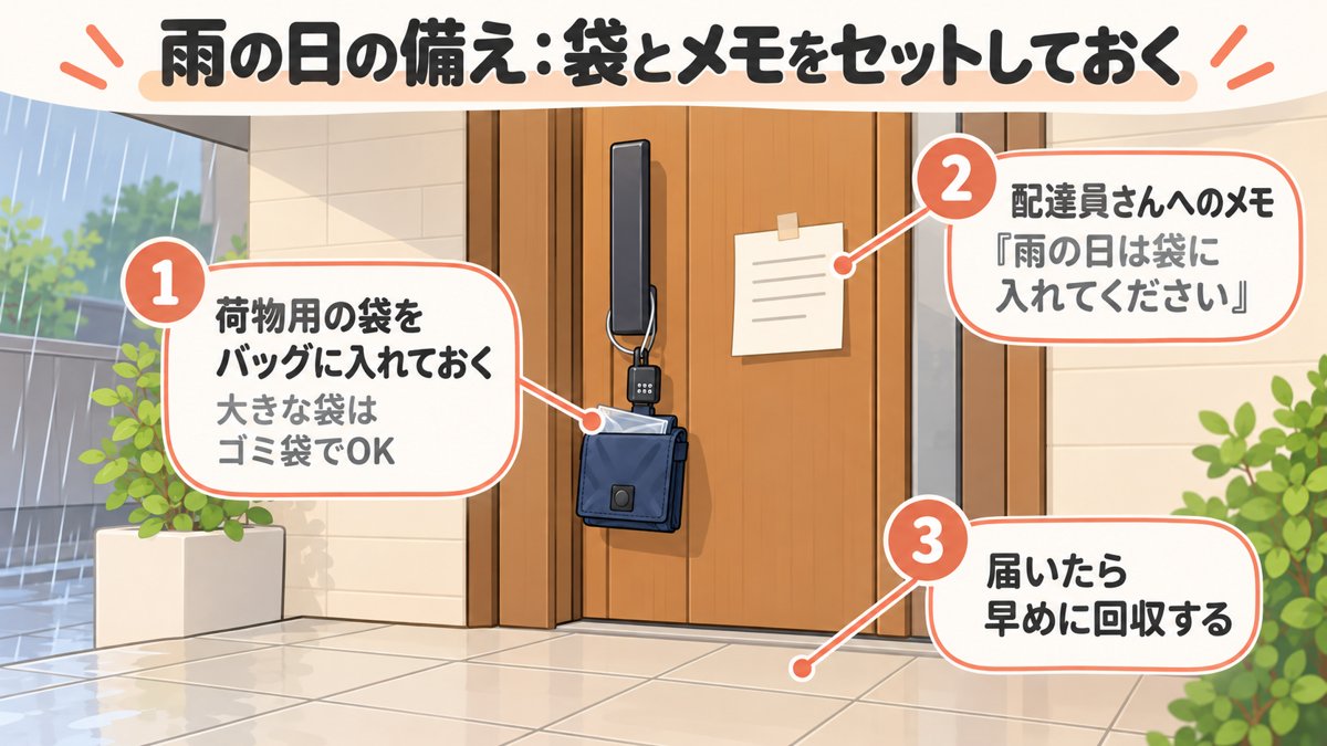 雨の日の備え:荷物用の袋をバッグに入れておく・配達員さんへのメモを添える・届いたら早めに回収する