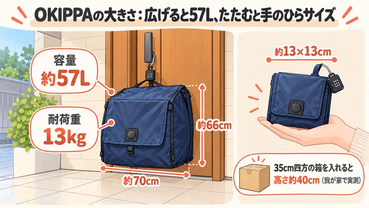 OKIPPAの大きさ:広げると約70×66cm・容量約57L・耐荷重13kg、たたむと約13×13cm。35cm四方の箱を入れると高さ約40cm